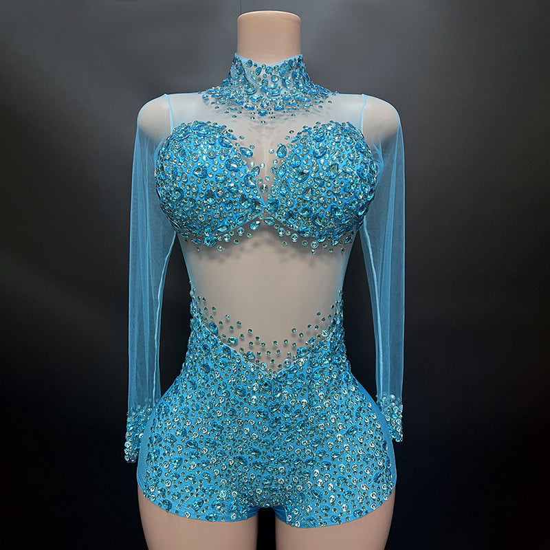 Tulle Fabric Blue Diamond Embellishment Slim Jumpsuits