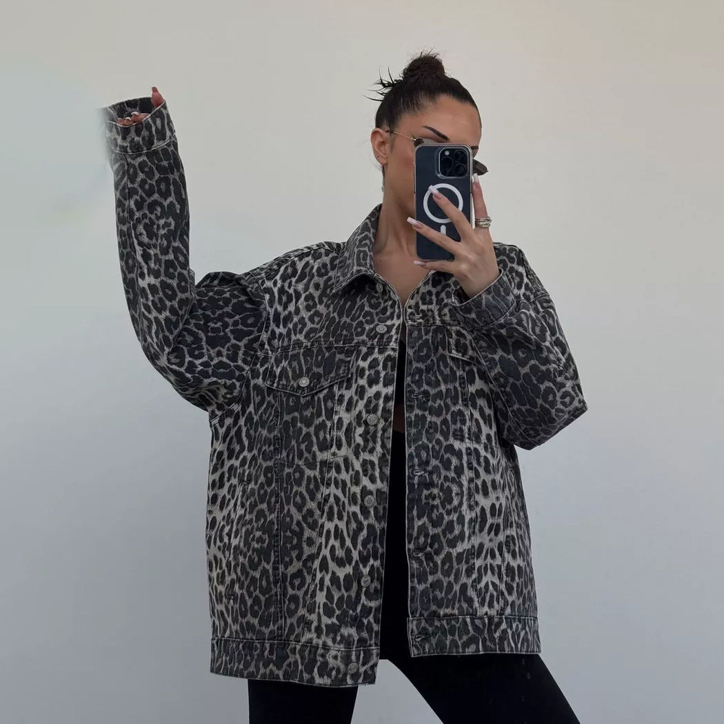 Women's Leopard Print Denim For Spring Loose Jackets