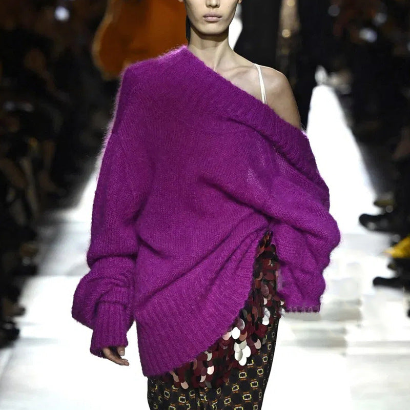 Women's Idle Style Loose Autumn Fashion Diagonal Sweaters