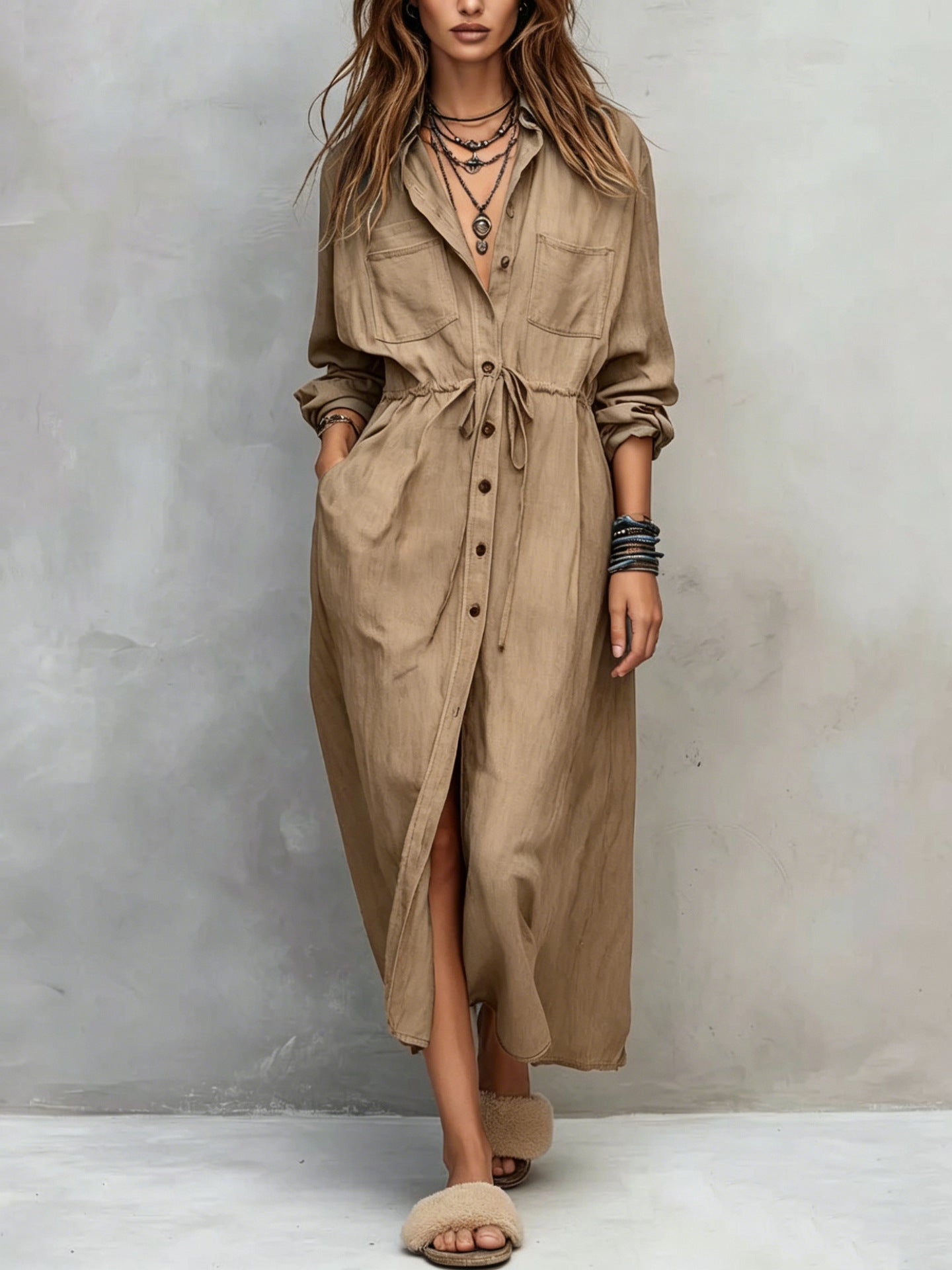 Casual Drawstring Fitted Waist Shirt Loose Dress