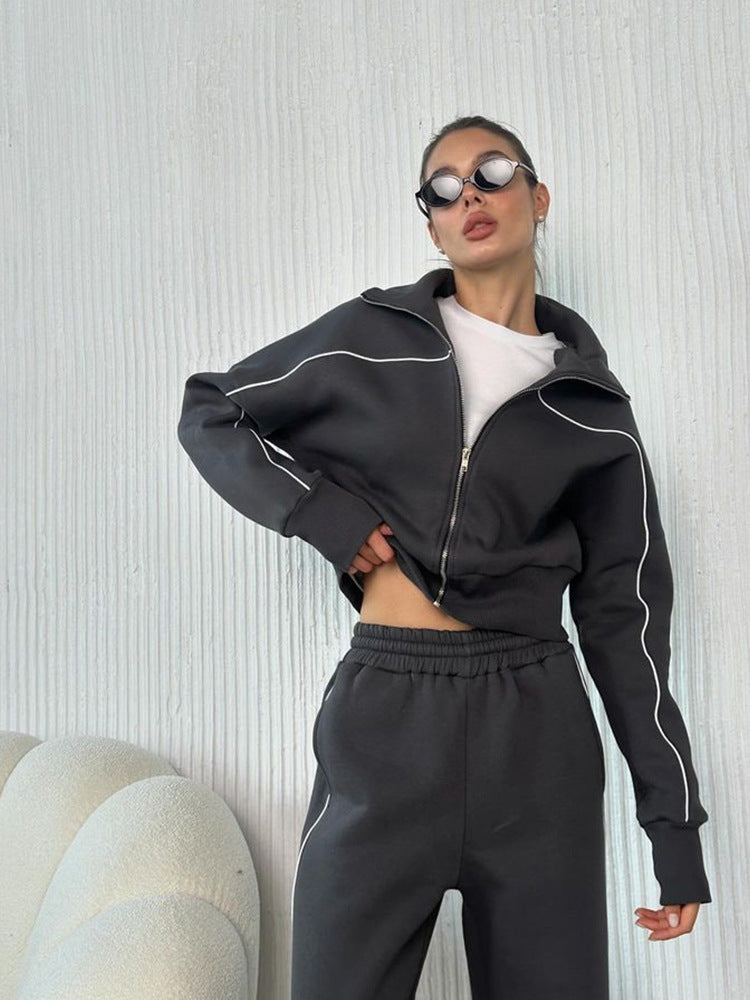 Women's Casual Long-sleeved Zipper Striped Trousers With An Suits