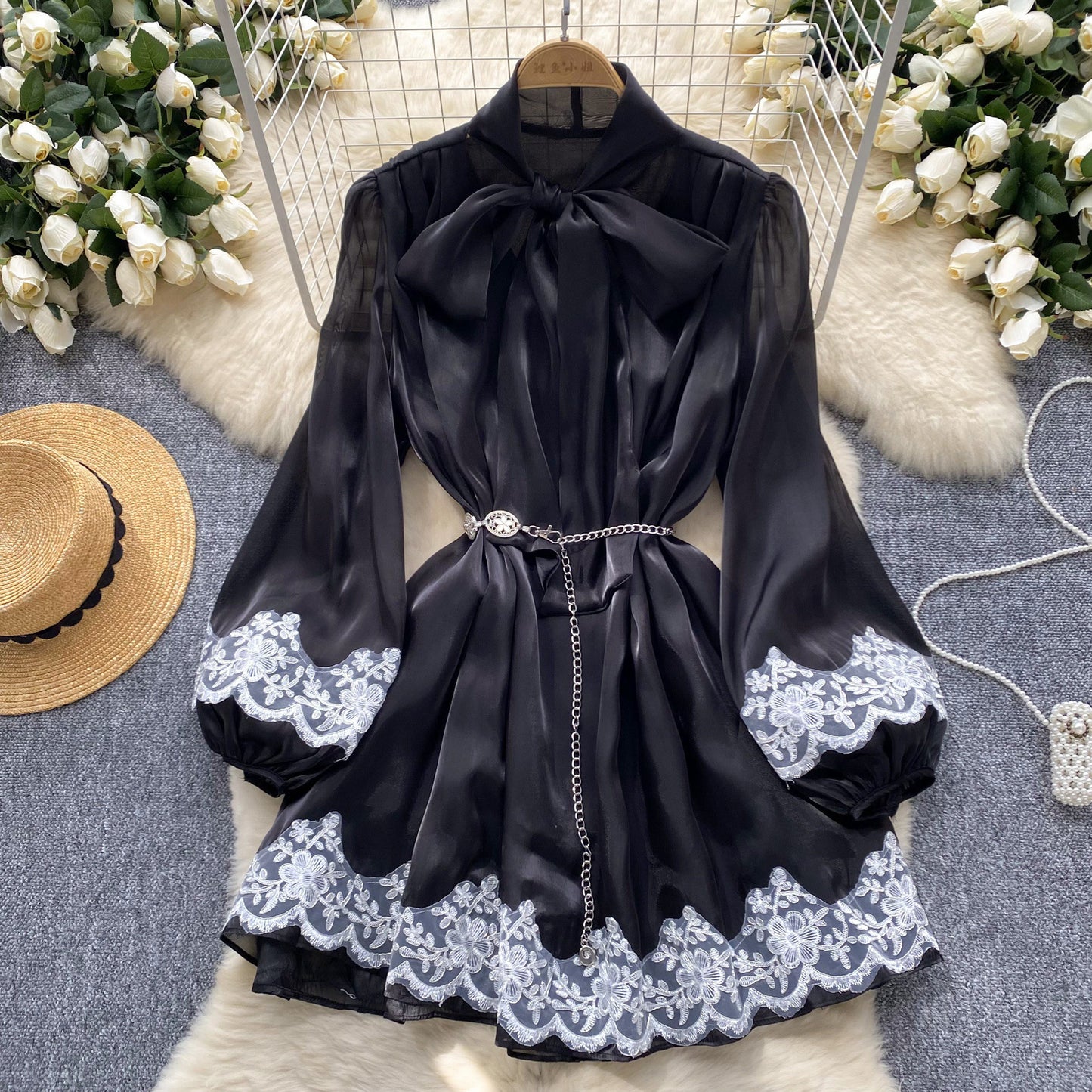 Women's Spring Dress Neckline Bow Lantern Sleeve Lace Stitching Dresses