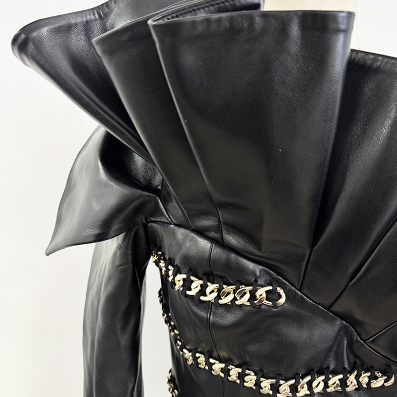 Fashion Chain Three-dimensional Lotus Leaf Single Sleeve Leather Dress