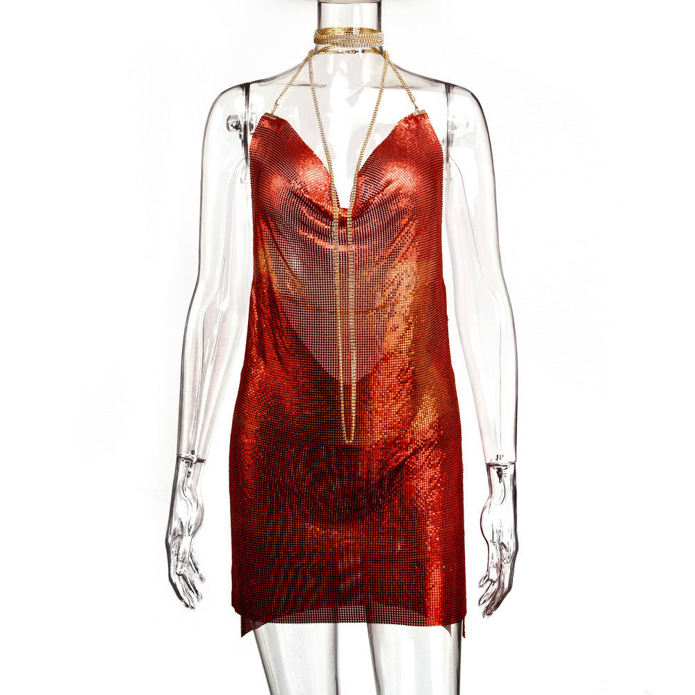 Women's Metal Sequins Sexy Brace Halter Diamond Dresses