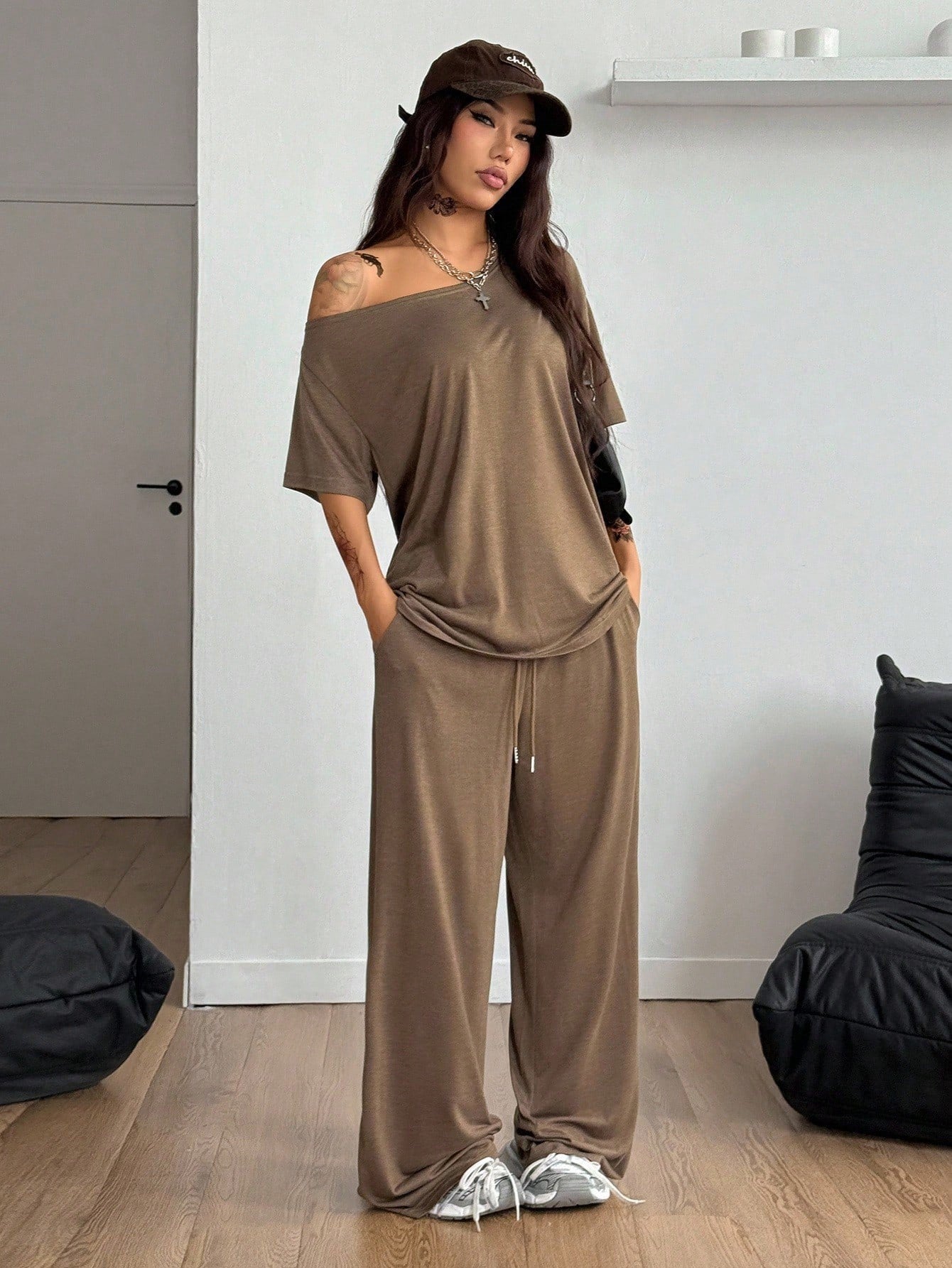 Women's Diagonal Collar Wide Leg Solid Color Fashion Casual Suit