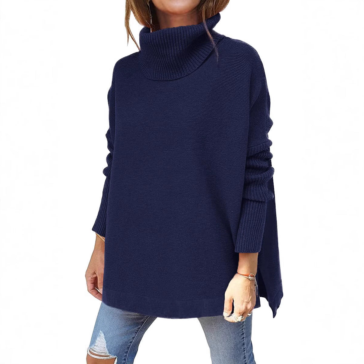 Sleeve Turtleneck Mid-length Batwing Hem Waist Women's Sweater