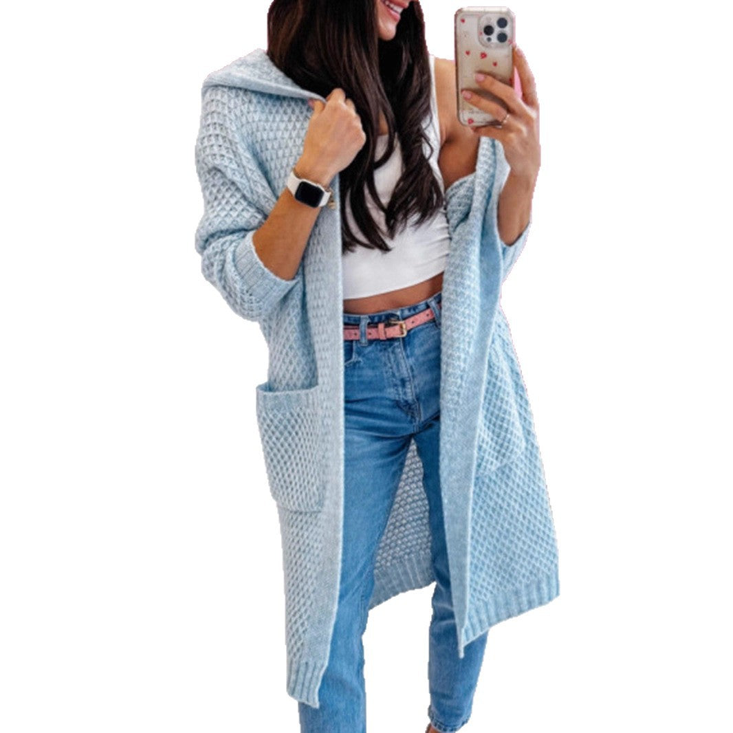 Women's Loose Hooded Long Pocket Knitted Sweaters