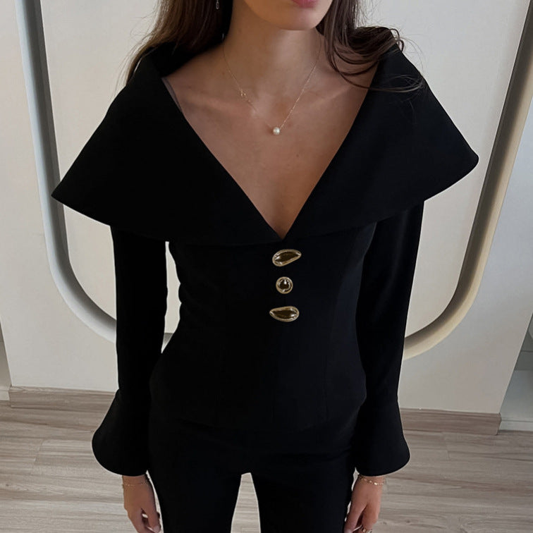 Women's French Classic Black Graceful Elegant Commute Blouses