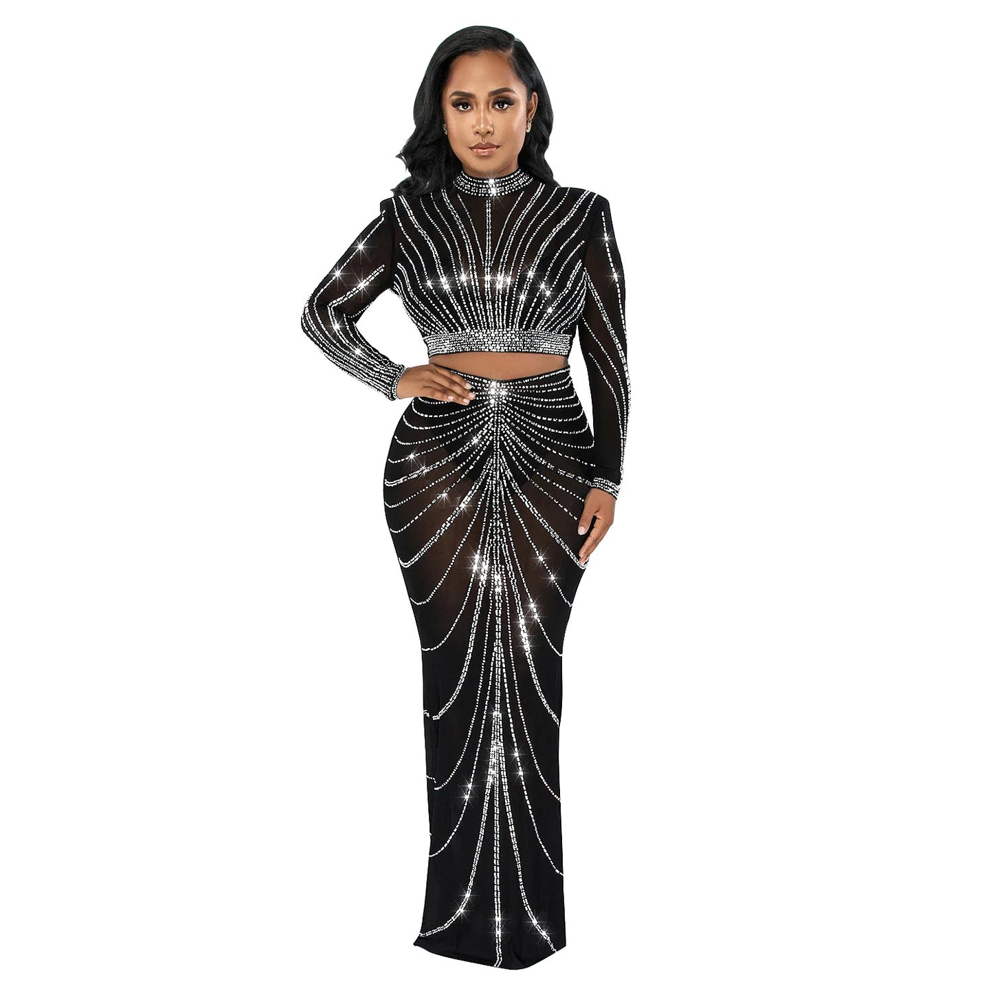 Women's Wear Mesh Hot Drilling Long Sleeve Suits