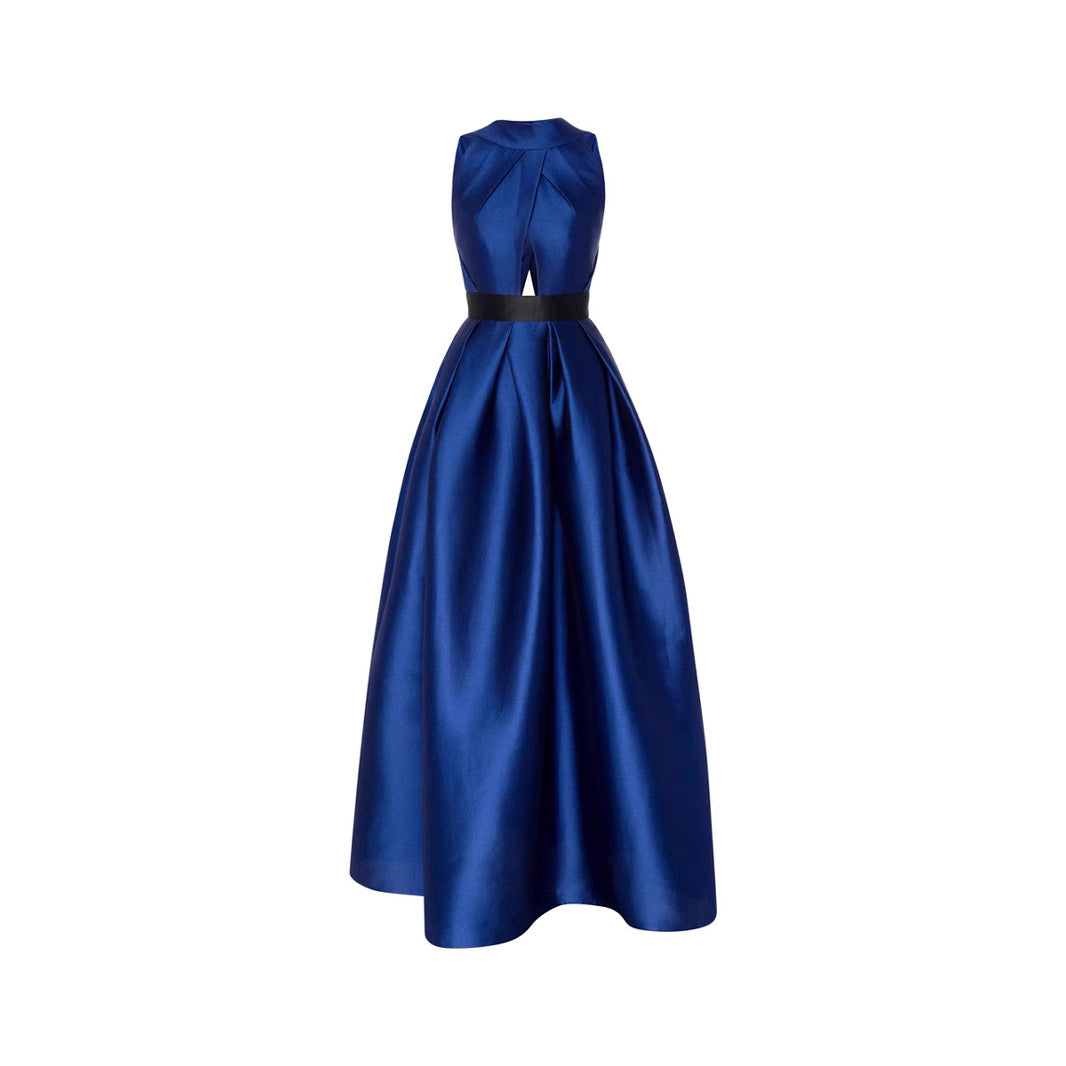 Fashion Back Pleated Pocket Strap Satin Dress