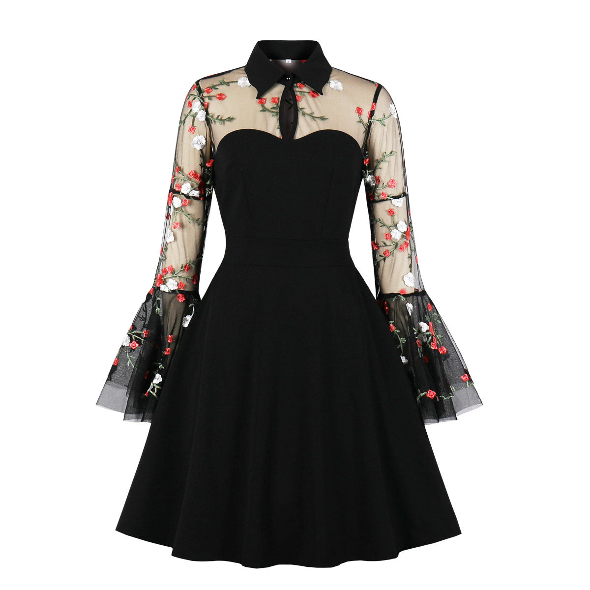 Women's Mesh Embroidered Bell Sleeve Patchwork Retro Dresses