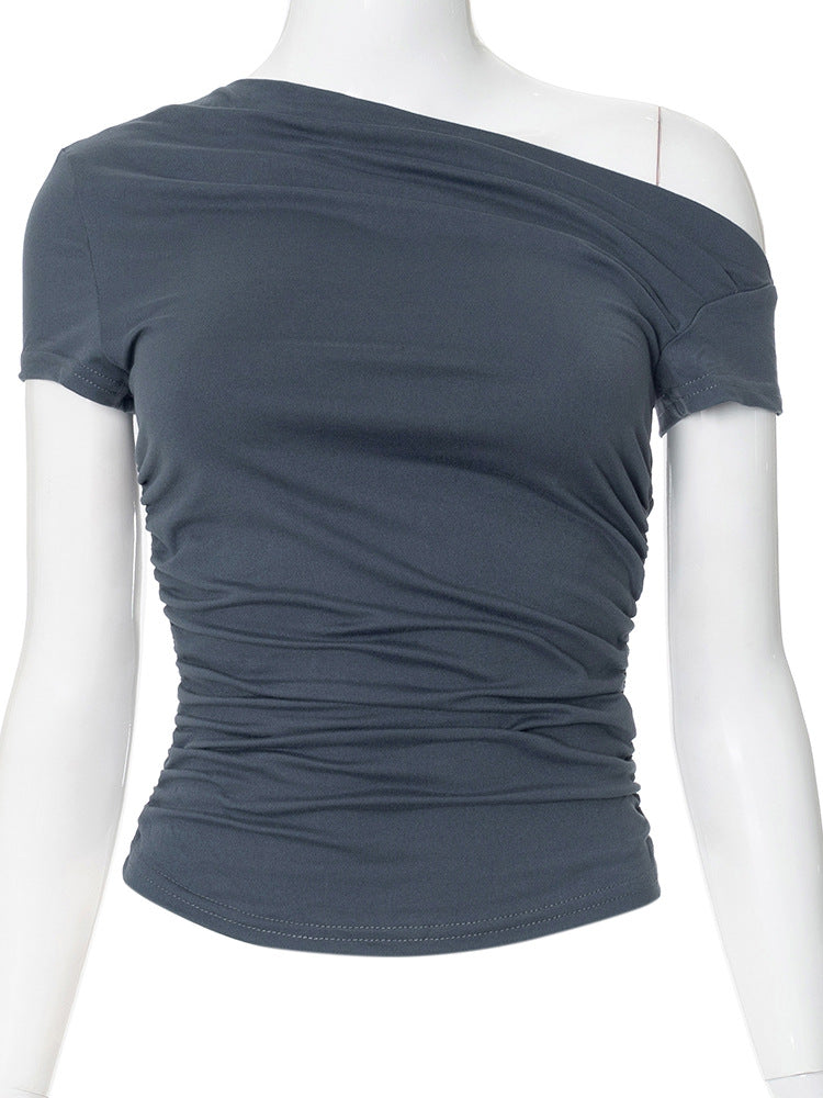 Women's Spring Solid Color Shoulder Sleeve Pleated Blouses