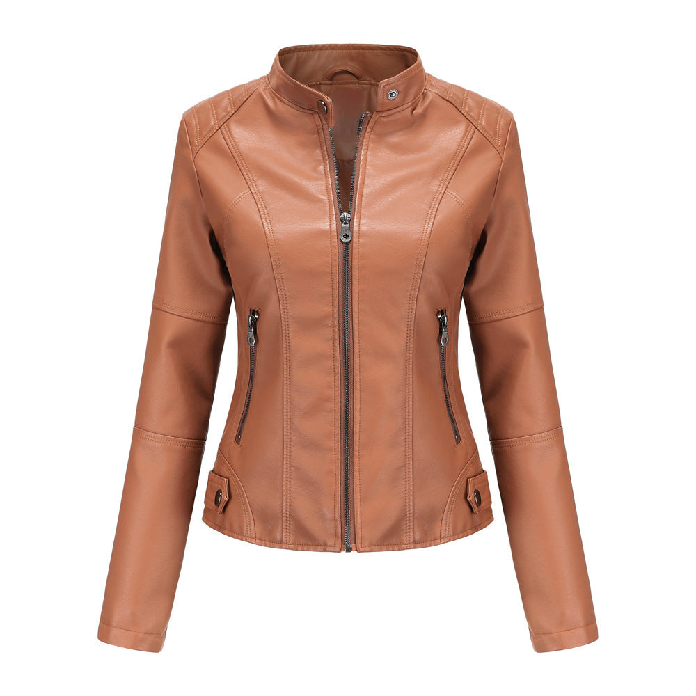 Women's Leather Slim Thin Motorcycle Stand Collar Jackets