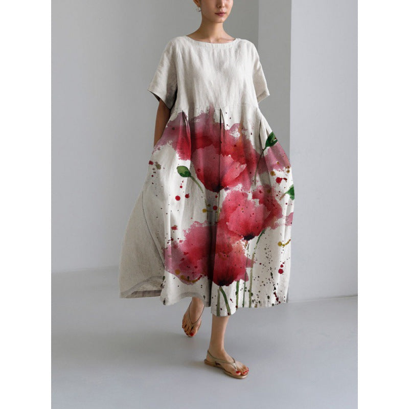 Women's Round Neck Fashion High-grade Short-sleeved Printed Dresses
