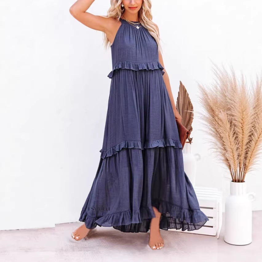 Women's Halter Elegant Ruffled Holiday Long Casual Dress