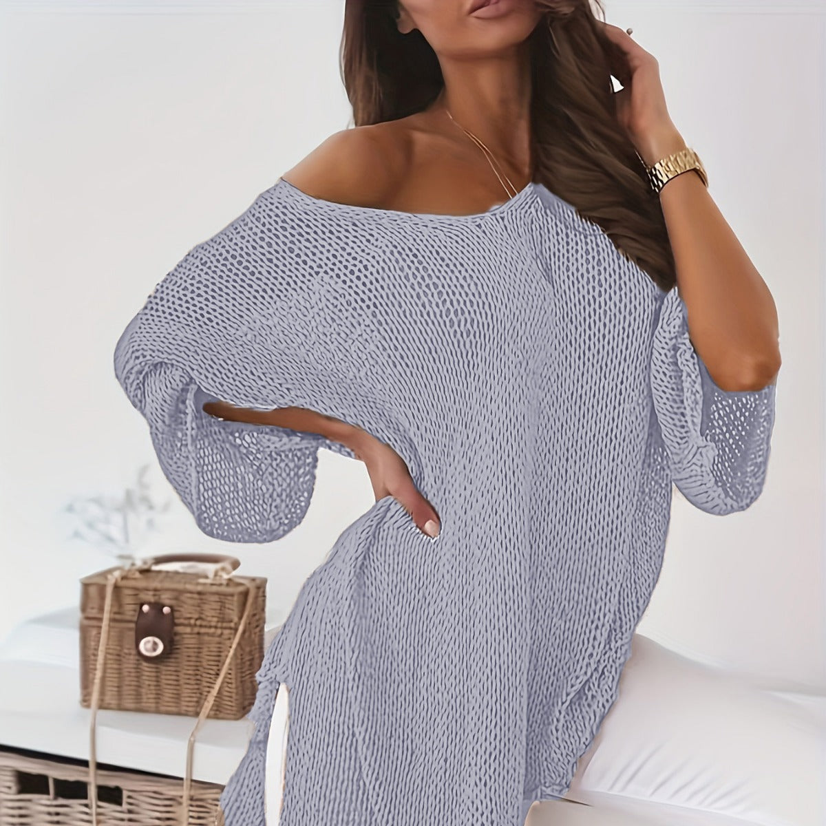 Women's Large Clothes Sexy Loose Pullover Mid-length Sweater