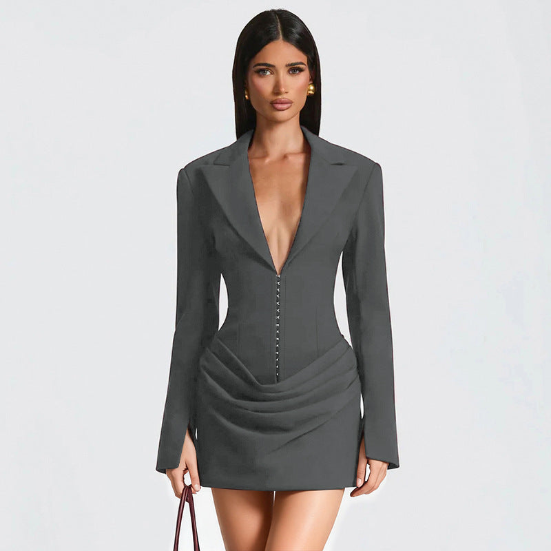 Women's Solid Color Sexy Deep Pleated Waist Tight Suits