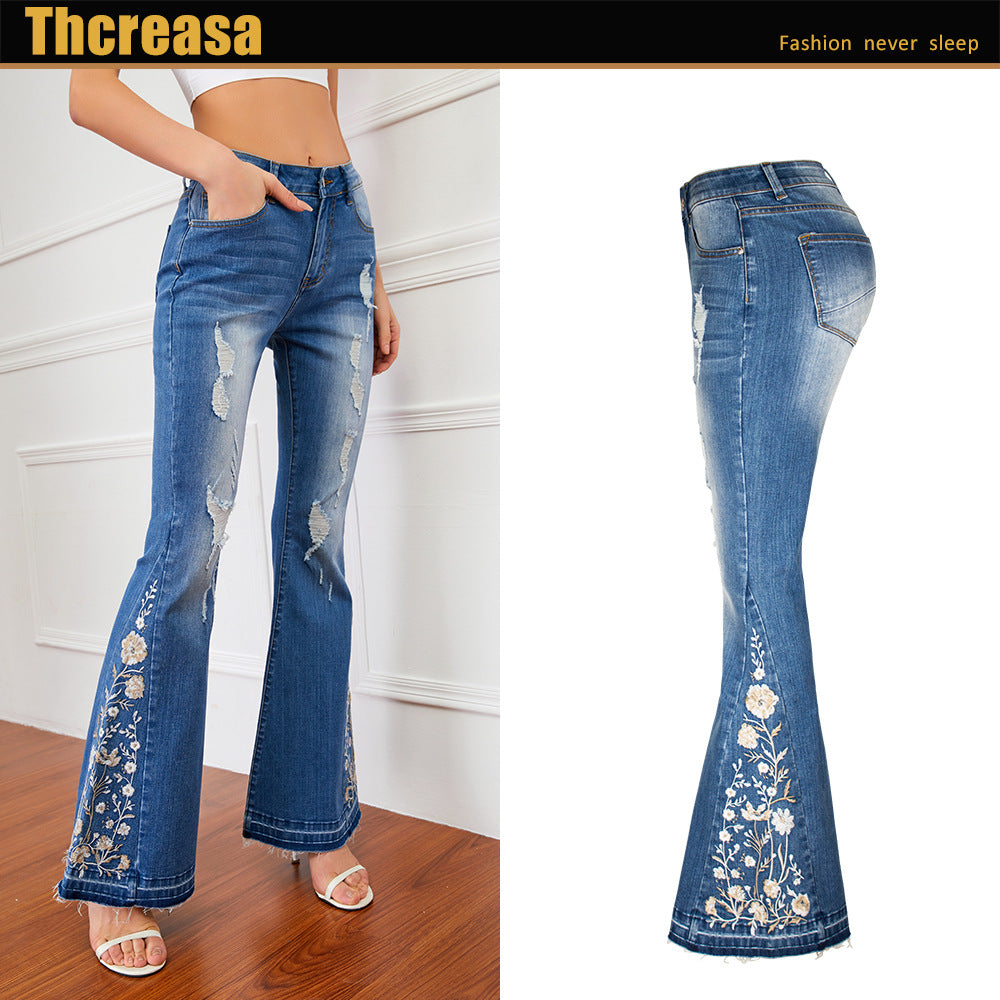 Women's Flared Three-dimensional Embroidery Trousers Bell-bottom Jeans