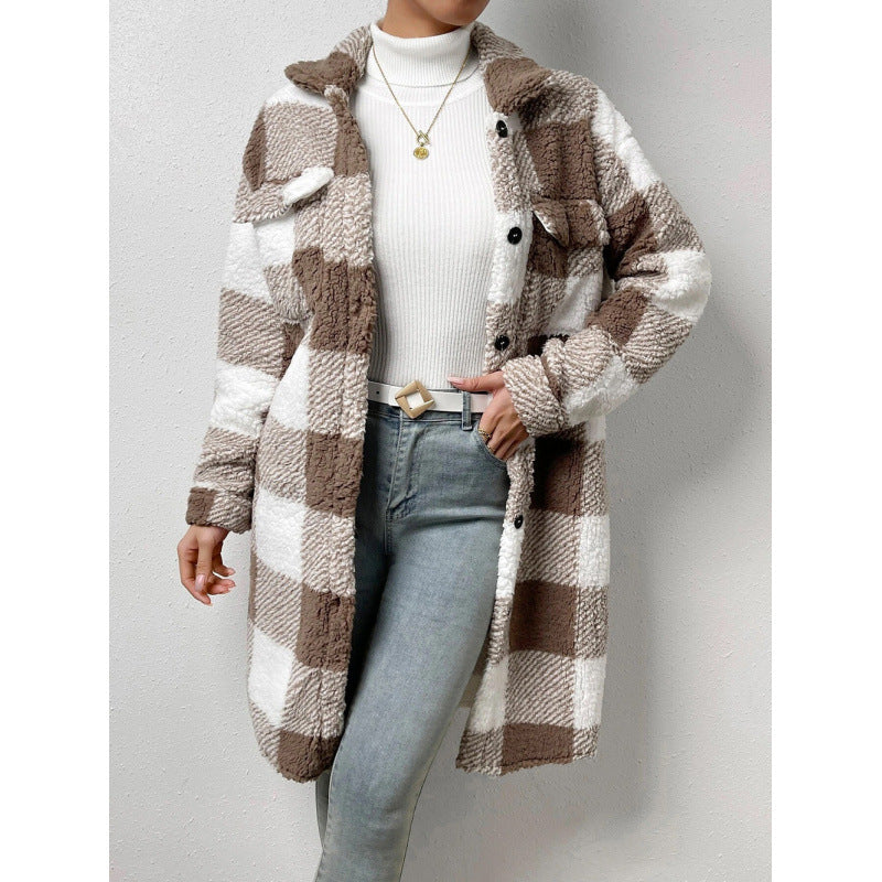 Women's Button Lapel Plush Plaid Loose Temperament Coats