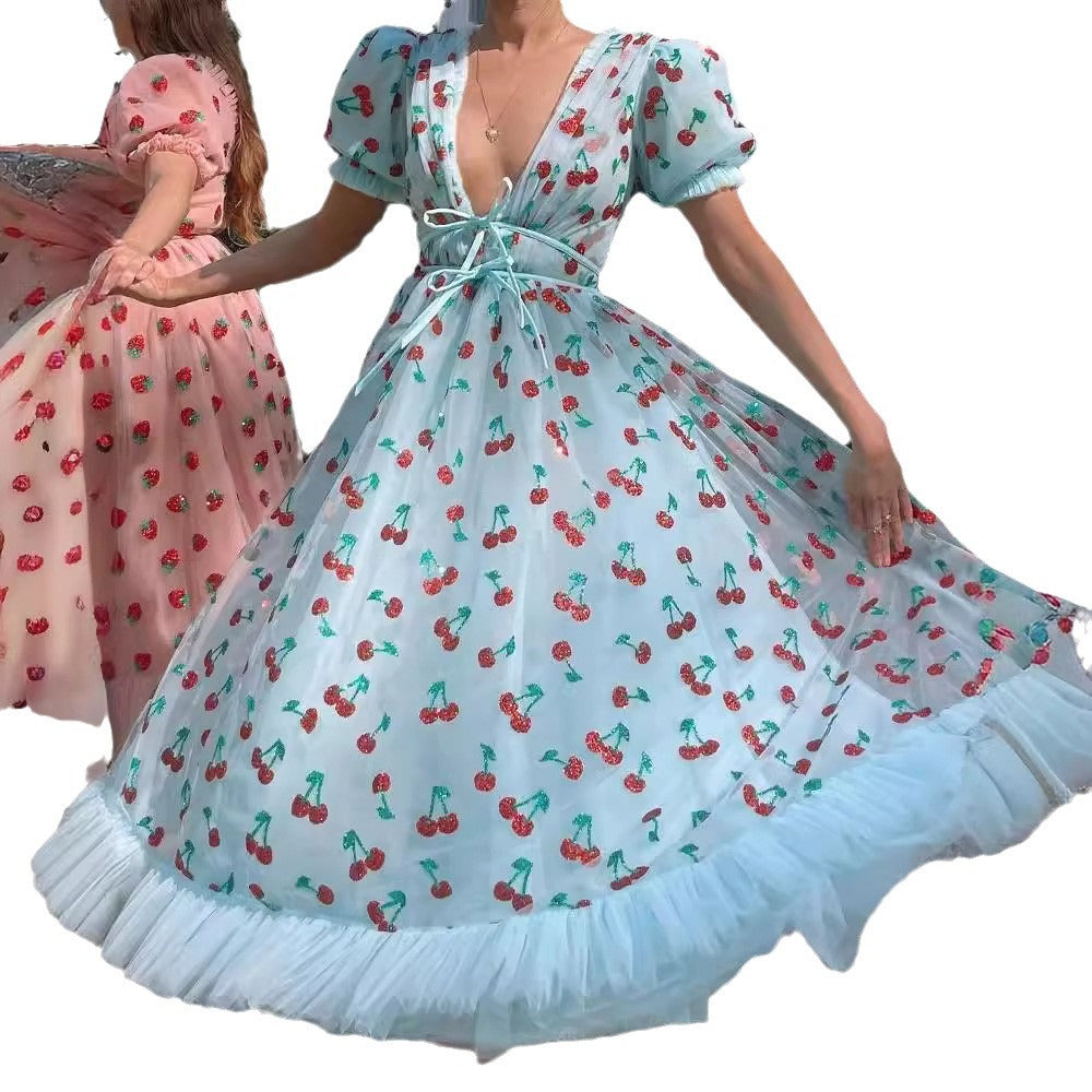Dress French Strawberry Two-color Sequined Mesh Dresses