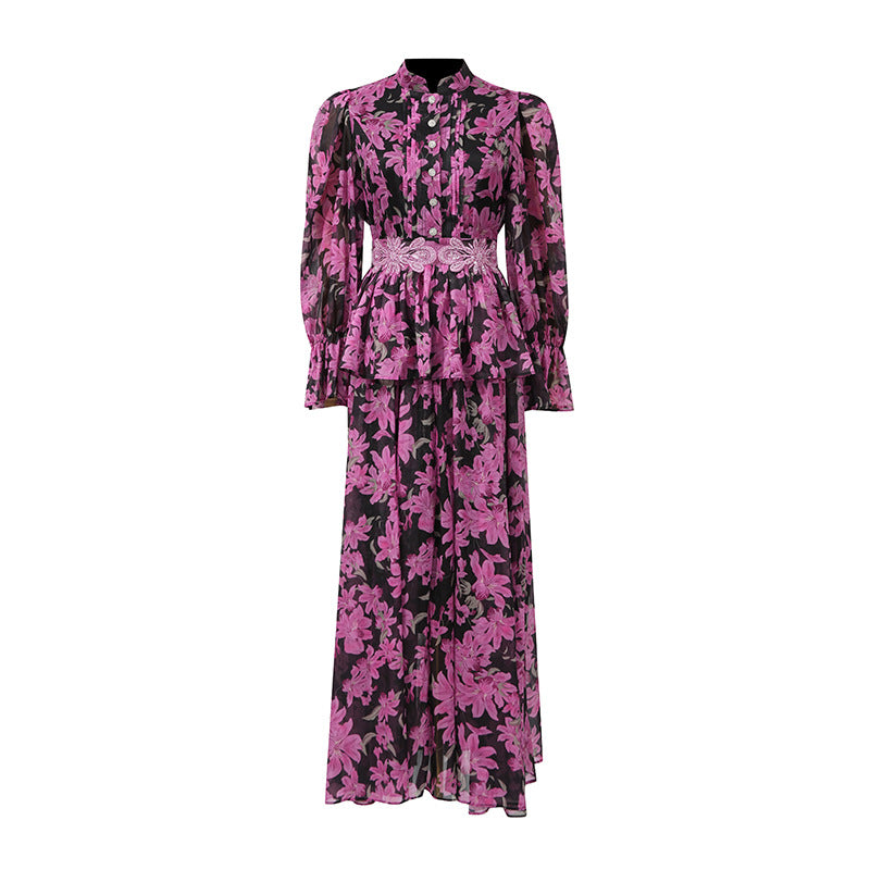 Women's Court Style Dress Summer Round Neck Button Embroidered Printed Dresses