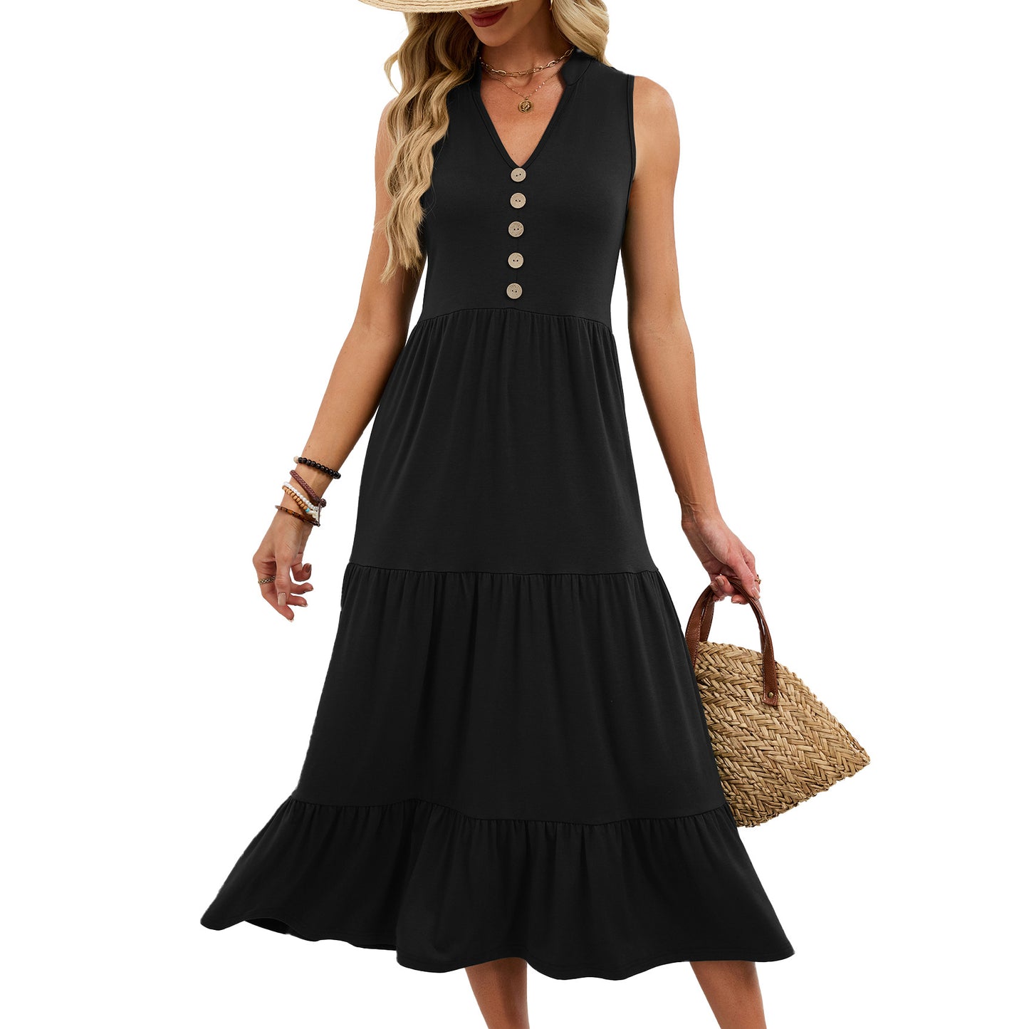 Solid Color Button Sleeveless Long Pleated Dress