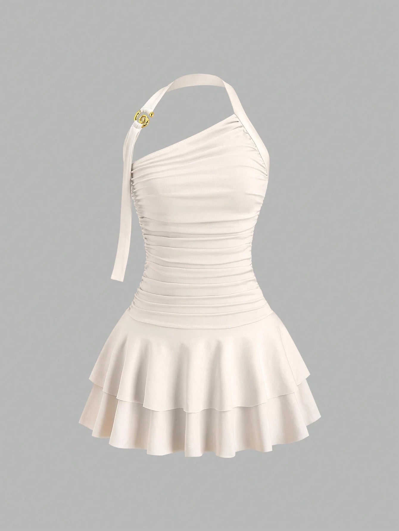 Solid Color Halter Slimming Cinched Waist Pleated Pure Want Sloping Dress