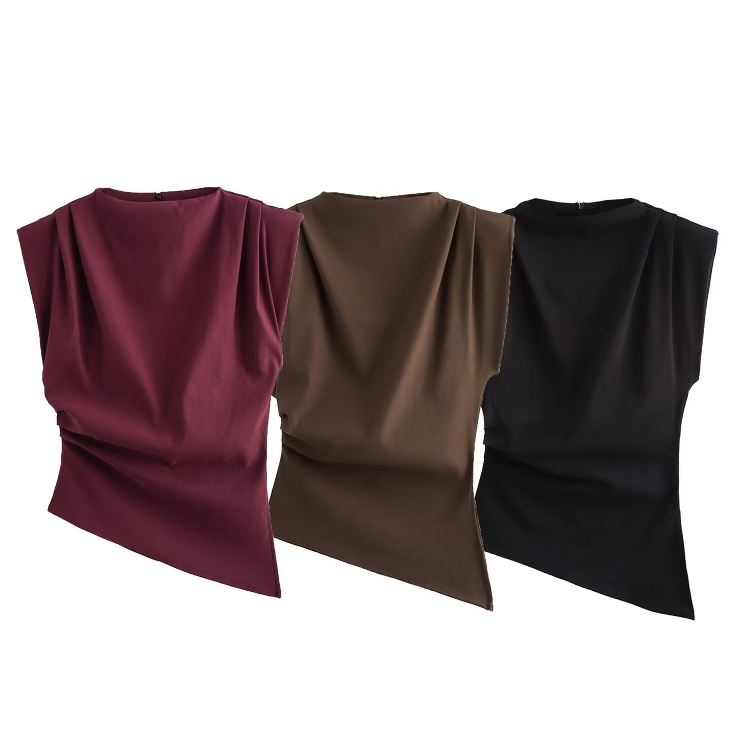 Women's Fashionable Pleated Decorative Padded Shoulder Sleeveless Tops