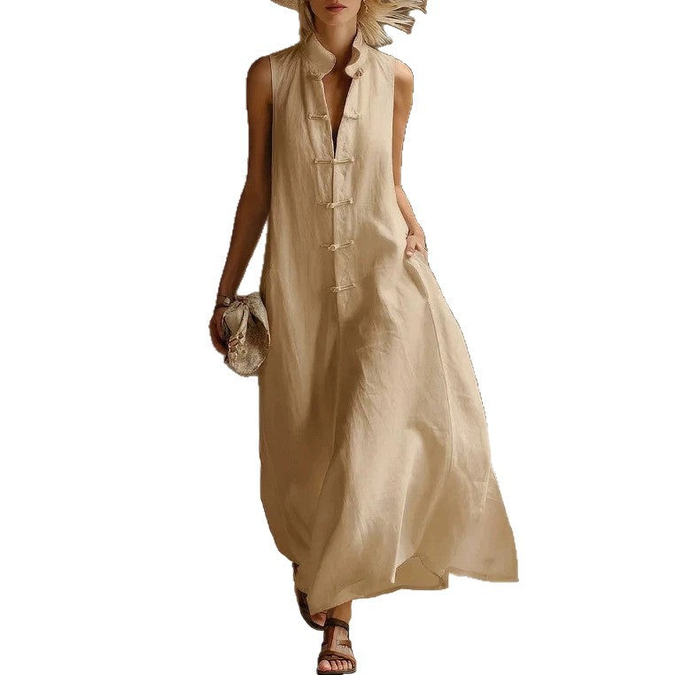 Women's Fashion Stand Collar Frog Buckle Loose Linen Cotton Dress