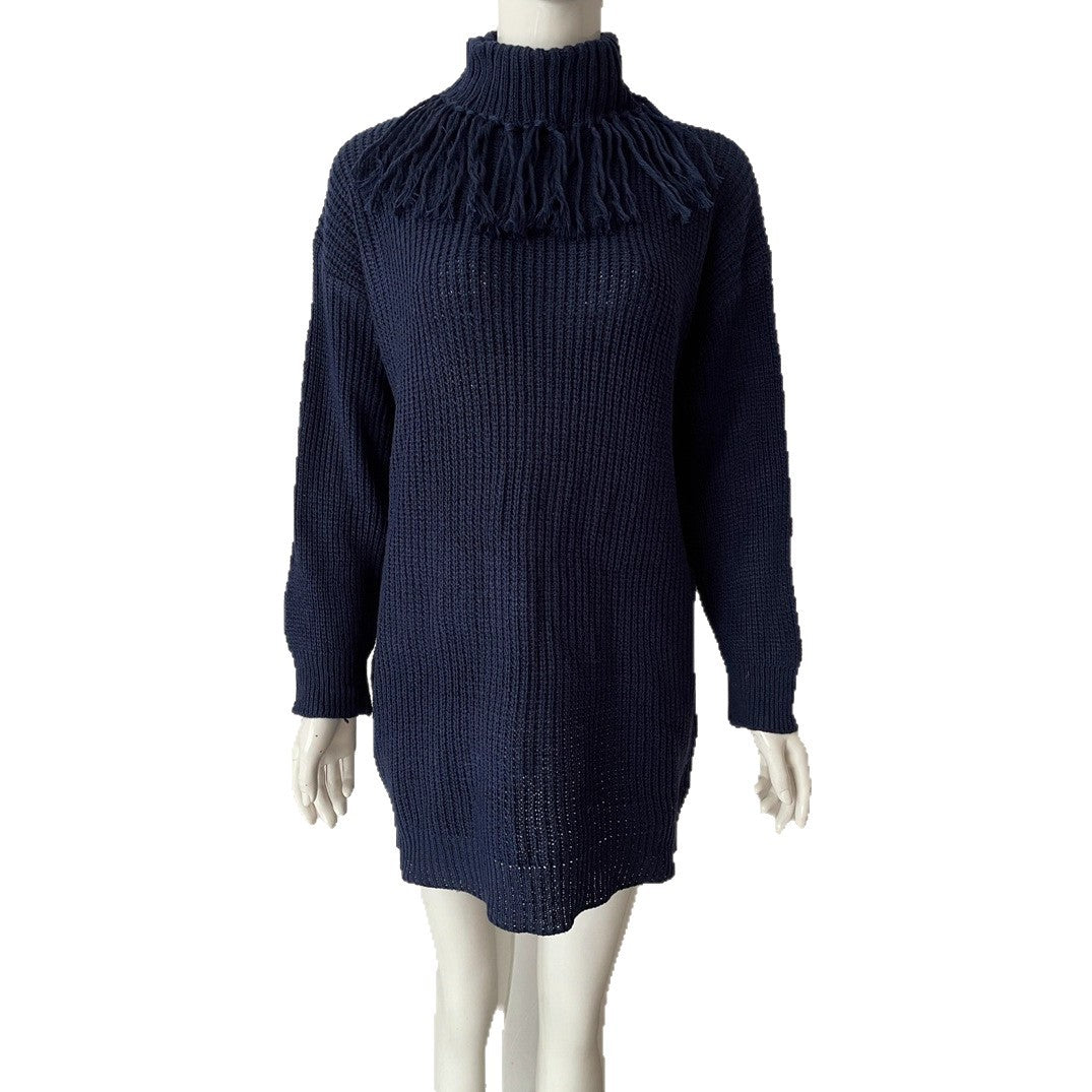 Knitted Tassel Bucket Turtleneck Dress Mid-length Women's Sweater