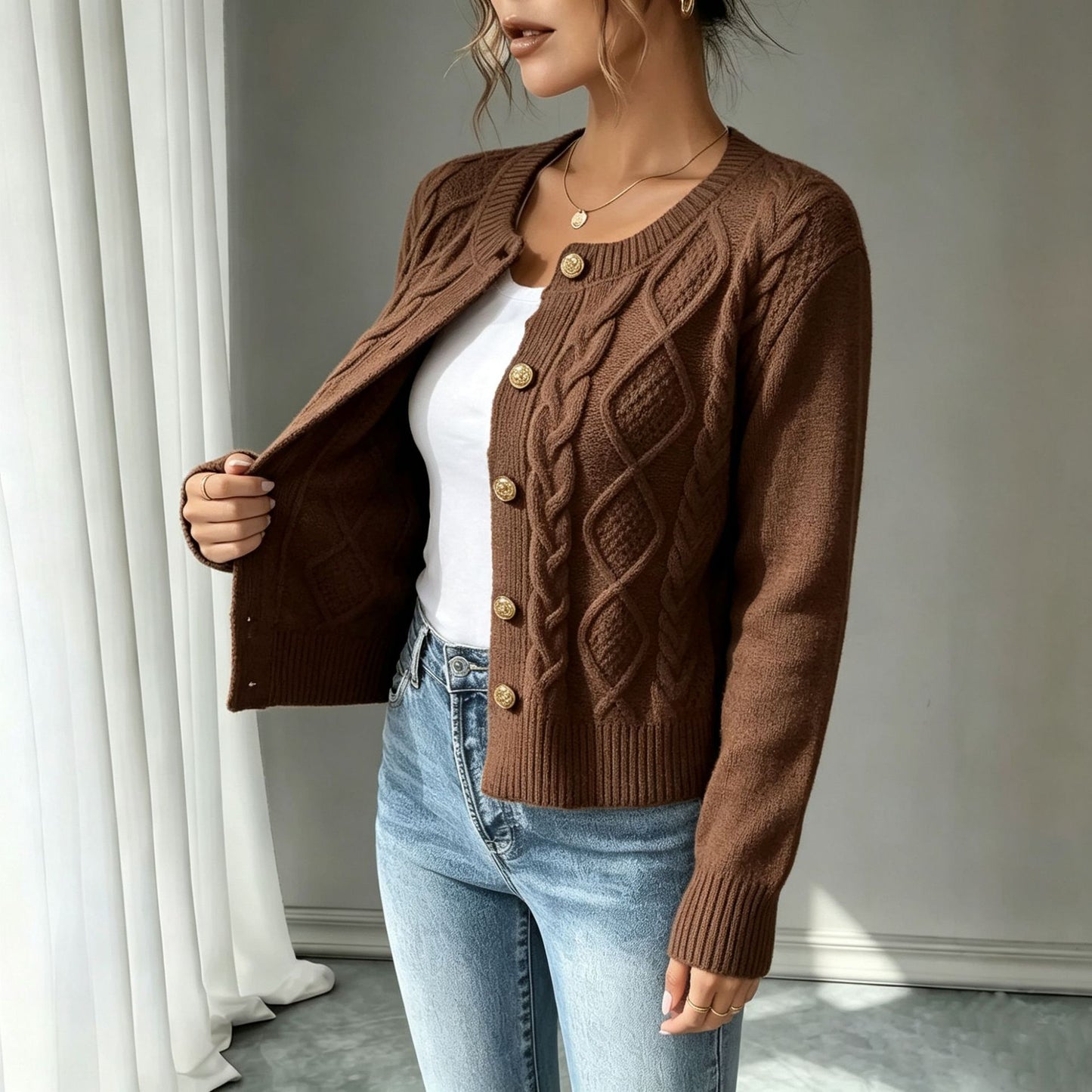 Women's Fashion Wear Slimming Single-breasted Knitted Long-sleeved Sweaters
