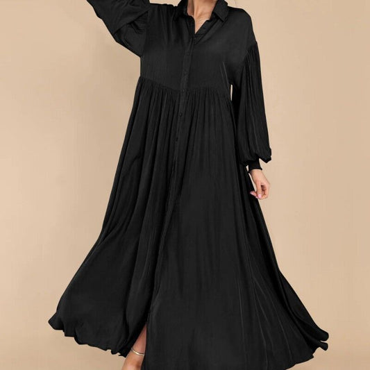 Women's Color Buttons Lapel Pleated Long Sleeve Dresses