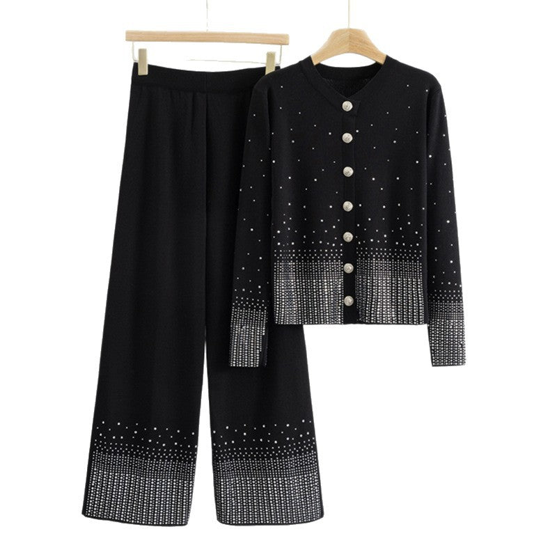 Women's Autumn Hot Rhinestone Starry Gradient Knitted Round Neck Wide Leg Suits