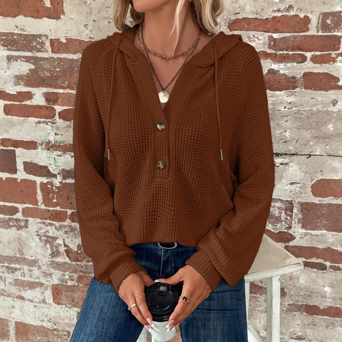 Women's Solid Color Long-sleeved Hooded Button For Women's Sweater, Sweater
