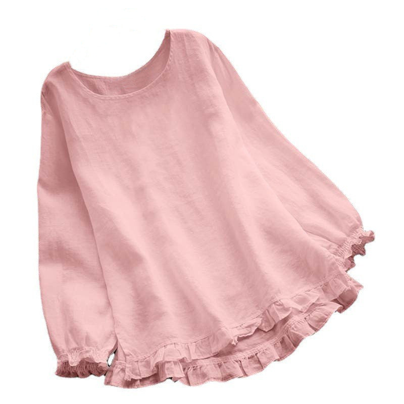 Women's Solid Color Loose Lotus Leaf Bottom Cuff Round Neck Blouses
