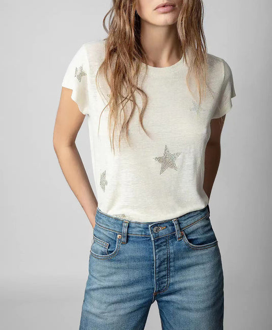 Women's Niche Pattern Rhinestone Linen Round Neck Short-sleeved Blouses