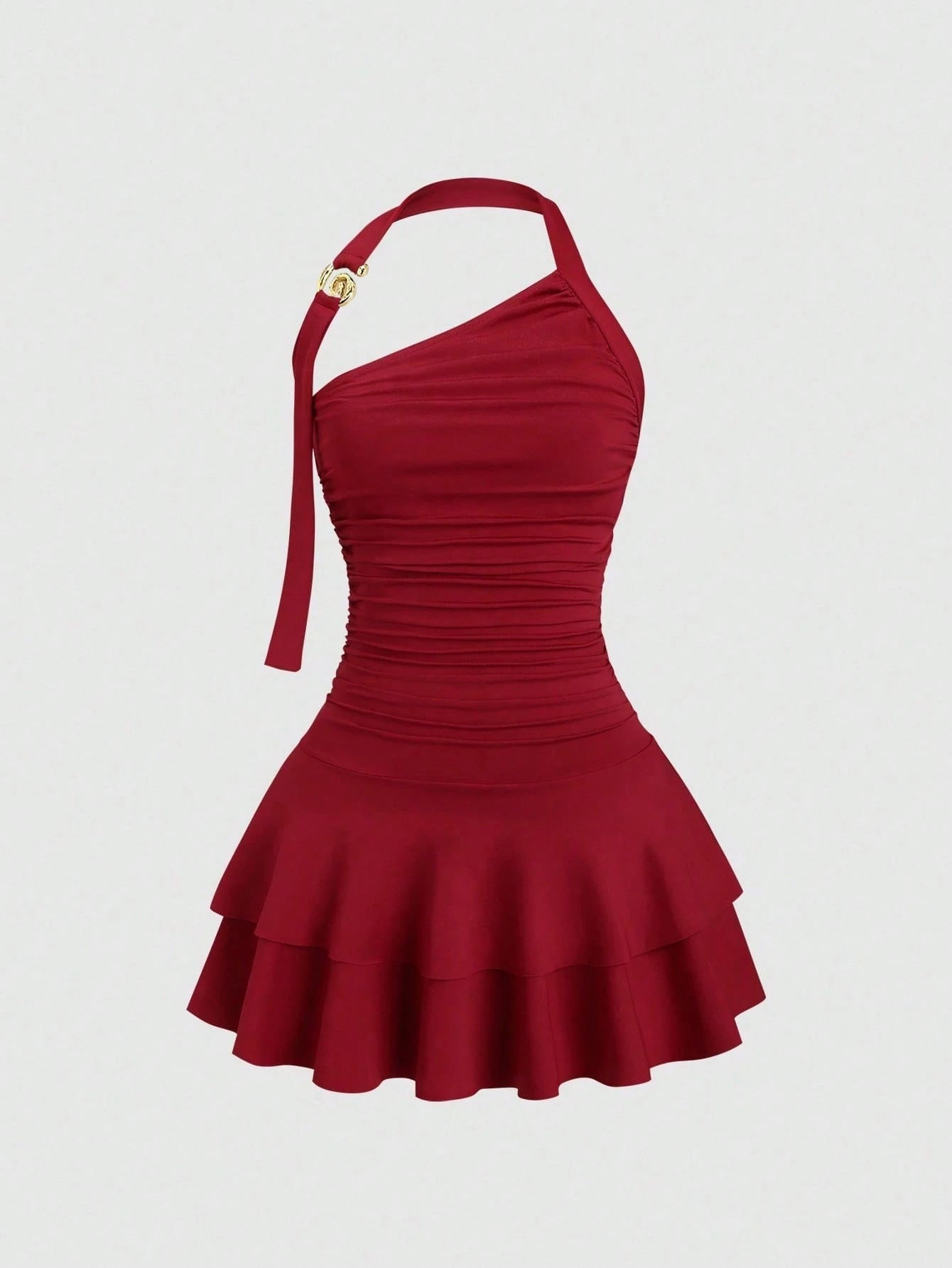 Solid Color Halter Slimming Cinched Waist Pleated Pure Want Sloping Dress