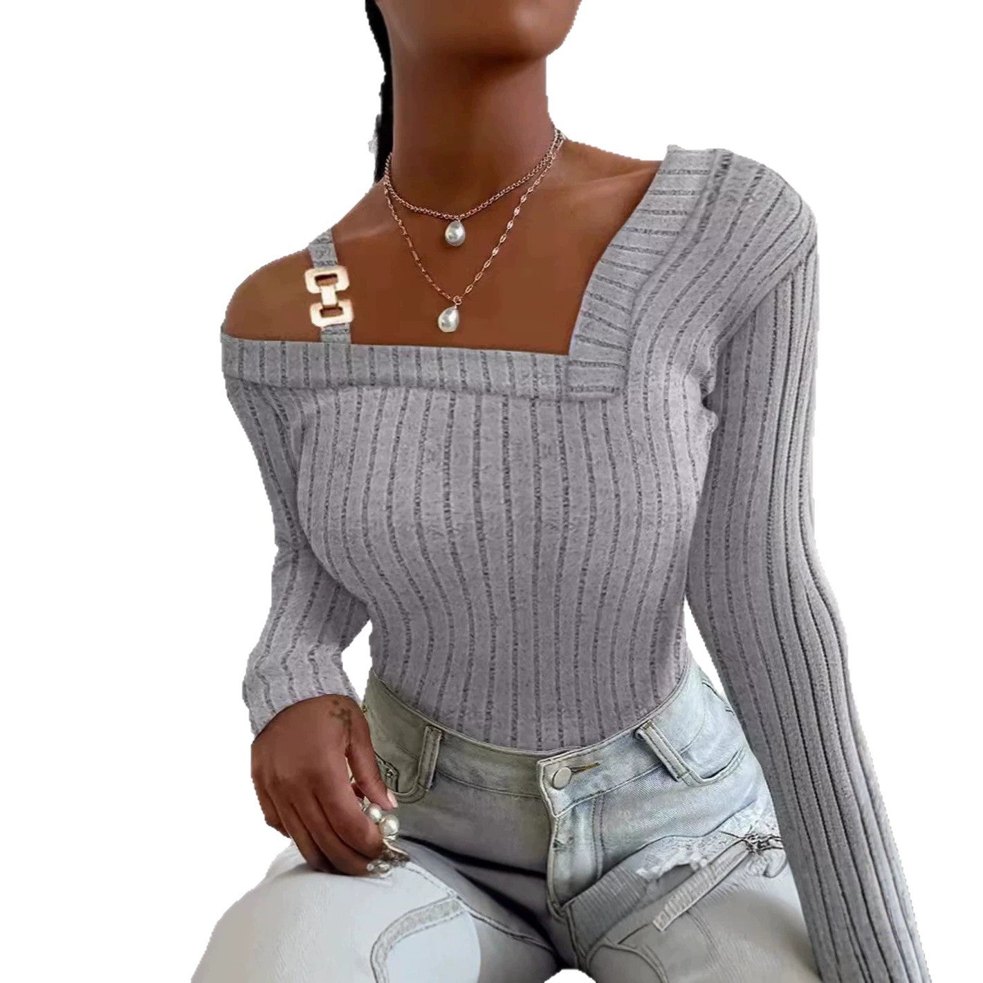 Women's Solid Color Deep V Sexy Stripe Design Slim Fit Long Women's Sweater
