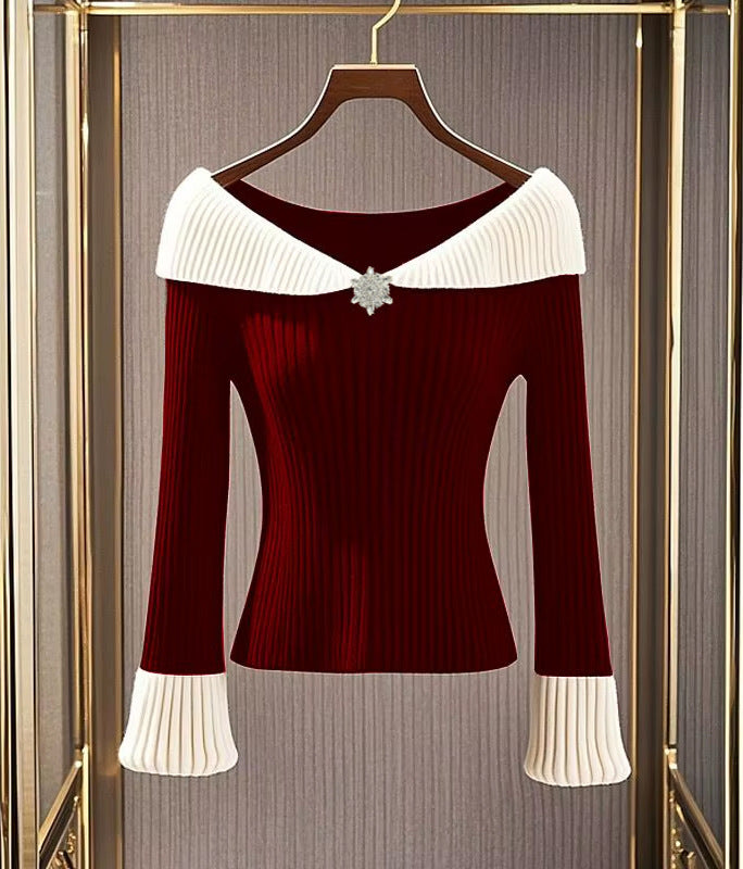 Women's French Style Temperament Contrast Color Lapels Sweater