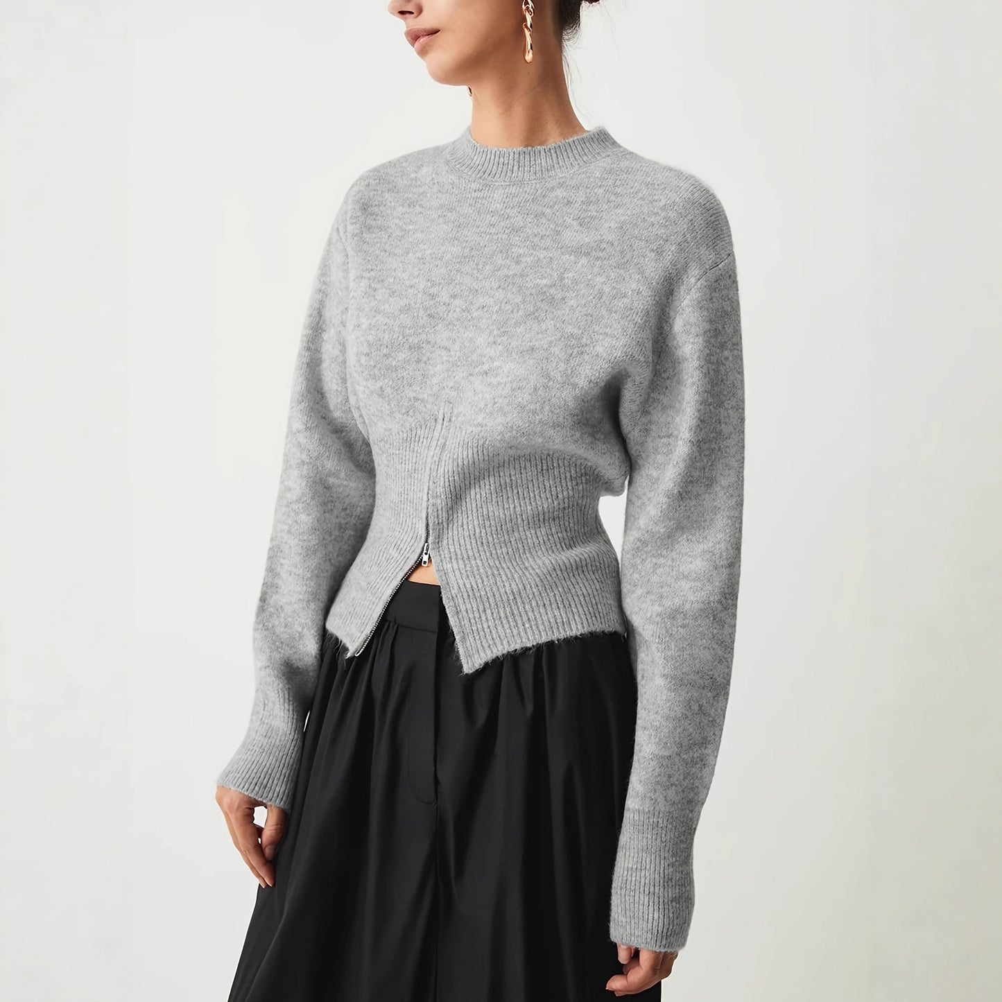 Women's Pullover Solid Color Round Neck Hem Zipper Women's Sweater