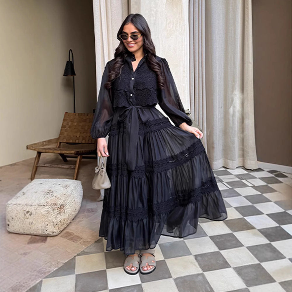 Women's Summer Retro French Lapel Hollow Puff Sleeve Elegant Tied Clothing