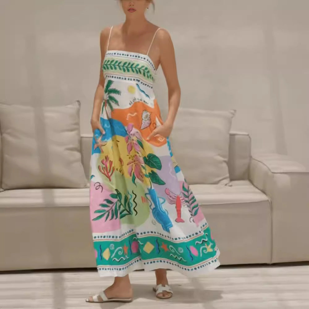Women's Summer Elegant Positioning Floral Print Spaghetti Straps Dress
