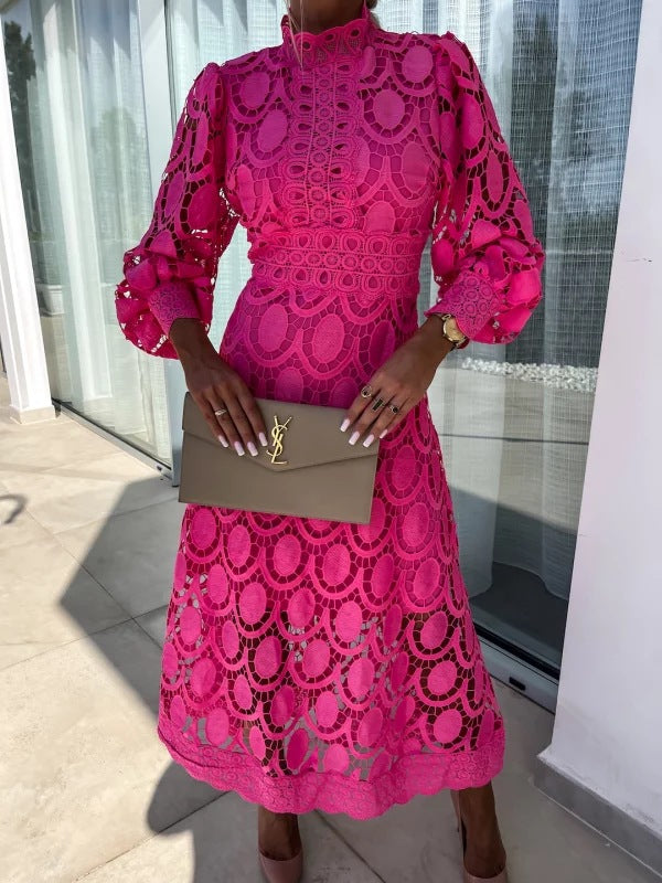 French Style Lace Stand Collar Puff Dresses