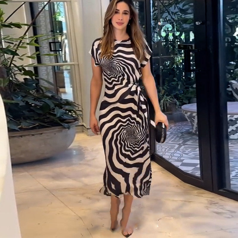 Spring Short-sleeved Side Slit Zebra Pattern Dresses