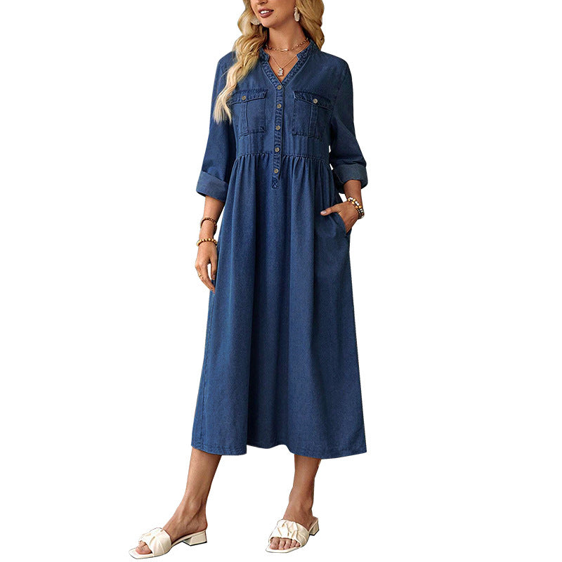 Women's Denim Stand Collar Button Long Sleeve Dresses