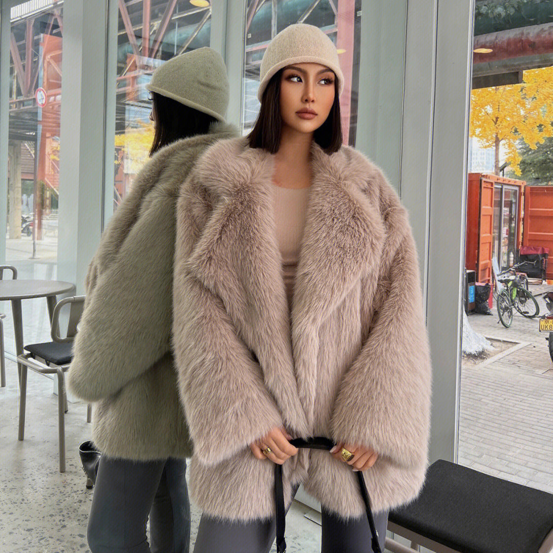Faux Fox Fur Mid-length Collar Loose Coats