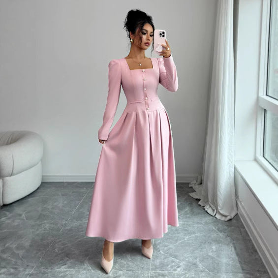 Women's Autumn Waist Slimming Elegant High-grade French Single-breasted Square Collar Dress
