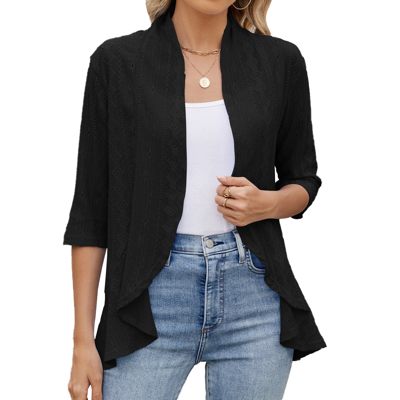 Women's Solid Color Three-quarter Sleeve Ruffle Coats