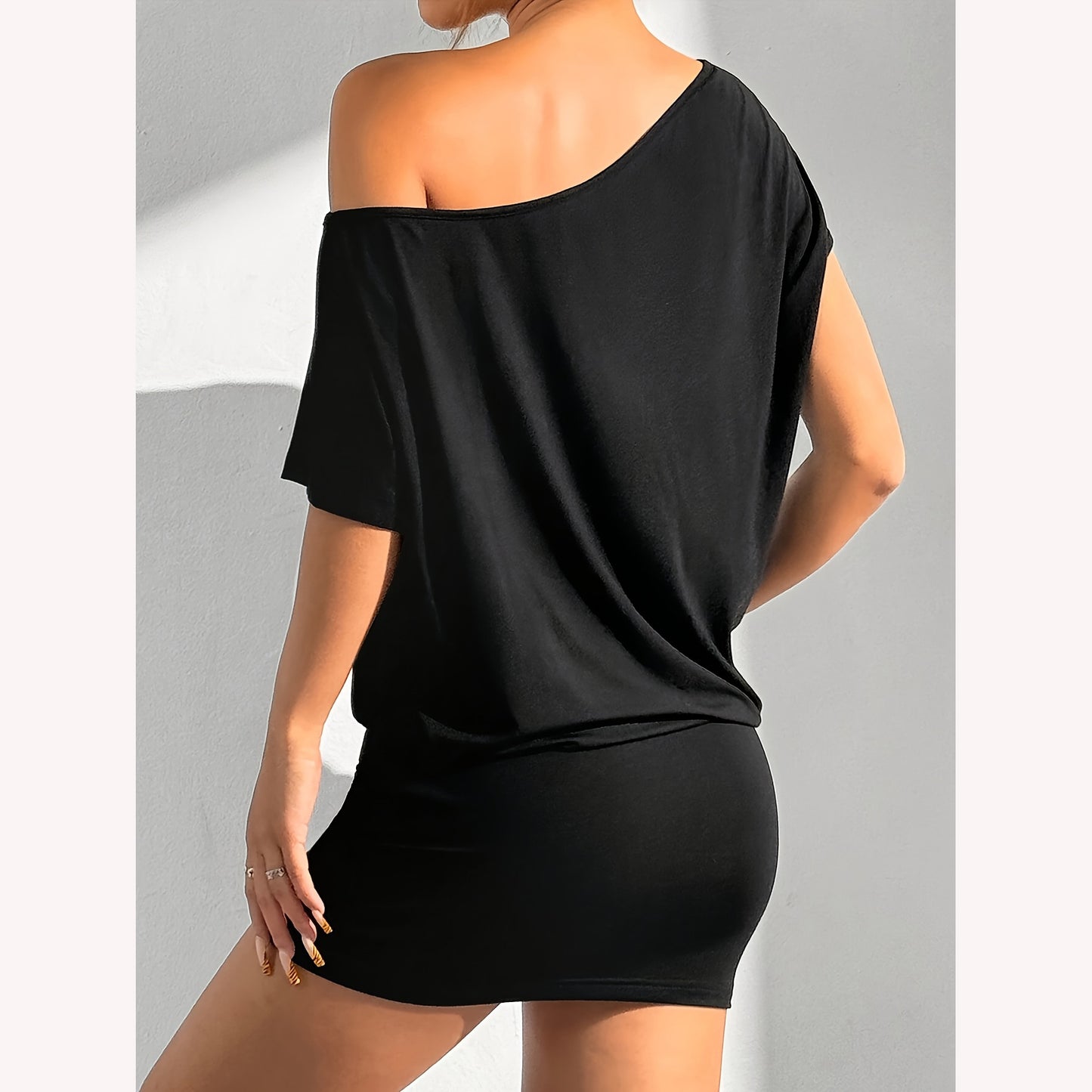 Women's Summer Solid Color Asymmetric Collar Short-sleeved Casual T-shirt Slim Slimming Dress