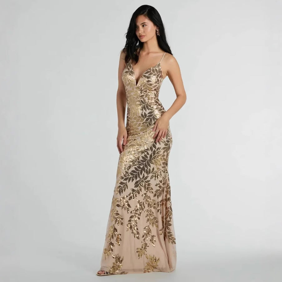 Long Dress Fashionable Sequined Sexy Backless Dresses